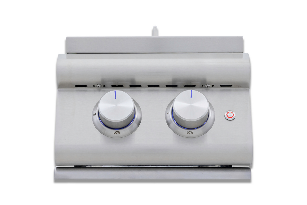 Stono Outdoor Living The Blaze Premium LTE+ Propane Gas Stainless Steel Double Side Burner (BLZ-SB2-LTE3-LP) features two large Low-labeled knobs and a red power button, shown from above—ideal for any outdoor kitchen.