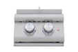 Stono Outdoor Living The Blaze Premium LTE+ Propane Gas Stainless Steel Double Side Burner (BLZ-SB2-LTE3-LP) features two large Low-labeled knobs and a red power button, shown from above—ideal for any outdoor kitchen.