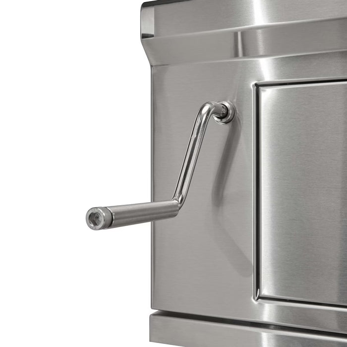 Stono Outdoor Living A close-up of the metal crank handle on the Coyote 36" Charcoal Grill, Built-in - C3CH36 highlights its sleek, modern stainless steel design, perfect for outdoor cooking.