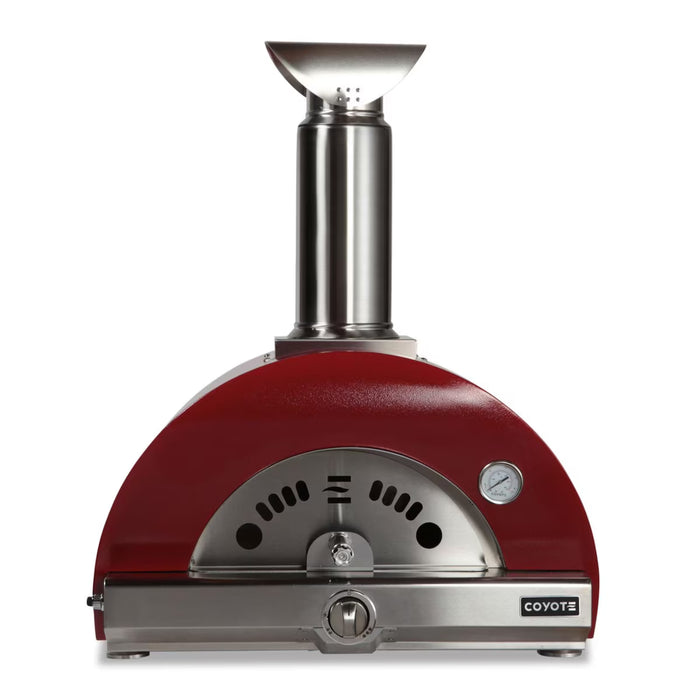 Stono Outdoor Living The Coyote 30" Hybrid Multi-Fuel Outdoor Oven in Red (C1PZ30HRLP) features a chimney, front temperature gauge, and Coyote-labeled door—ideal for adding wood-fired flavor to your outdoor kitchen.