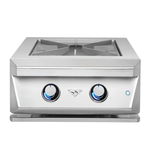 Stono Outdoor Living The Twin Eagles Built-In Propane Gas Power Burner (TEPB24HG-CL) features two blue LED control knobs, central brand logo, sturdy cast iron grates, a stainless steel lid, and a powerful brass burner for superior outdoor cooking.