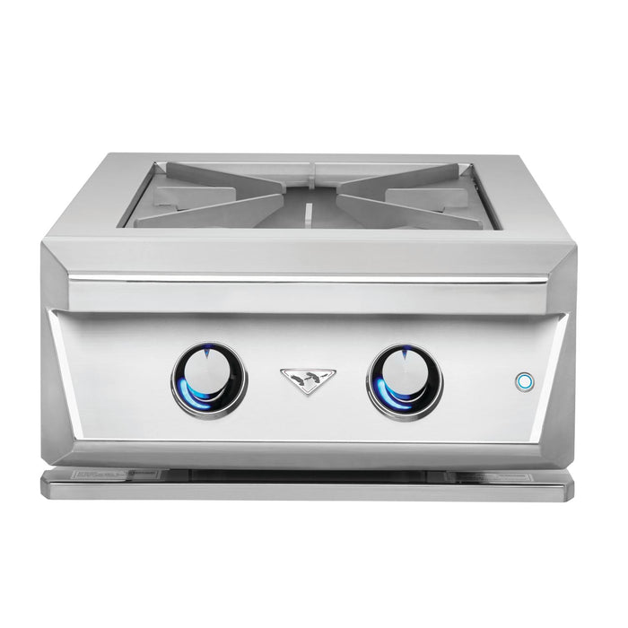 Stono Outdoor Living The Twin Eagles Built-In Propane Gas Power Burner (TEPB24HG-CL) features two blue LED control knobs, central brand logo, sturdy cast iron grates, a stainless steel lid, and a powerful brass burner for superior outdoor cooking.