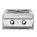 Stono Outdoor Living Front view of the Twin Eagles Built-In Natural Gas Power Burner (TEPB24HG-CN) featuring a 70,000 BTU output, two blue LED-lit control knobs, reversible heavy-duty grate, stainless steel lid, and a sleek design for outdoor cooking.