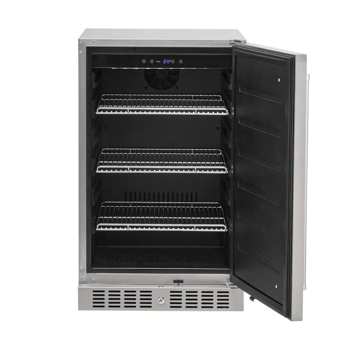 Stono Outdoor Living The Coyote 21" Outdoor Refrigerator Right Hinge (C121R-S-R) features three empty wire shelves, a digital temperature display, and a durable stainless steel design—ideal for any outdoor kitchen.
