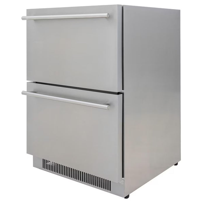 Stono Outdoor Living The Blaze 23.5-Inch 5.1 Cu. Ft. outdoor-rated stainless steel double drawer refrigerator (BLZ-SSRF-DBDR5.1), featuring horizontal handles and a bottom vent, is perfect for any outdoor kitchen and shown angled on a white background.