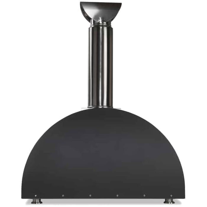 Stono Outdoor Living The Coyote 40" Duomo Wood Fired Outdoor Oven, Matte Black (C1PZ40WMB), features a dome shape, black finish, tall stainless steel chimney, and stands on four short metal legs.