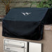 Stono Outdoor Living A 36-inch built-in grill is protected by the Twin Eagles Eagle One Grill Cover (VCE1BQ36), featuring a fitted black design with a white Twin Eagles logo, set in a stone countertop with plants and a stone wall behind.