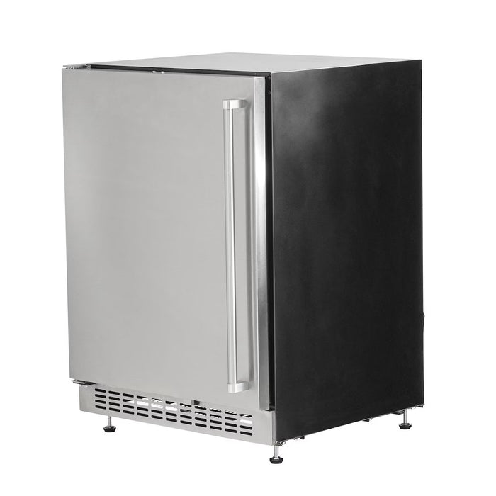 Stono Outdoor Living The Coyote 24" Outdoor Refrigerator Reversible Hinge (C124R-S) by Coyote is a stainless steel, single-door mini fridge with adjustable shelves, vertical handle, black sides, bottom ventilation grille, and adjustable feet.