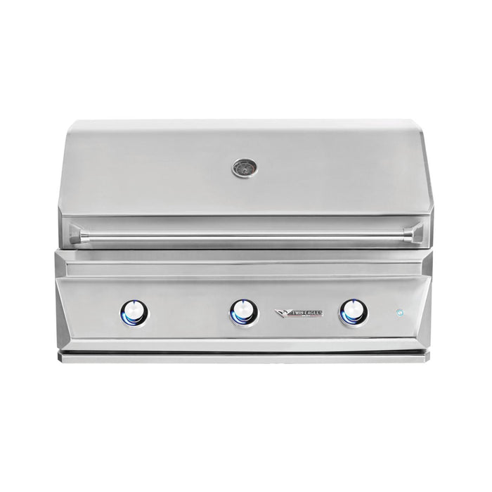 Stono Outdoor Living The Twin Eagles 36-Inch 3-Burner Built-In Propane Gas Grill (TEBQ36G-CL) features stainless steel burners, three control knobs with blue LED lights, a temperature gauge on the lid, and a Five-Part Grilling System—shown on a white background.