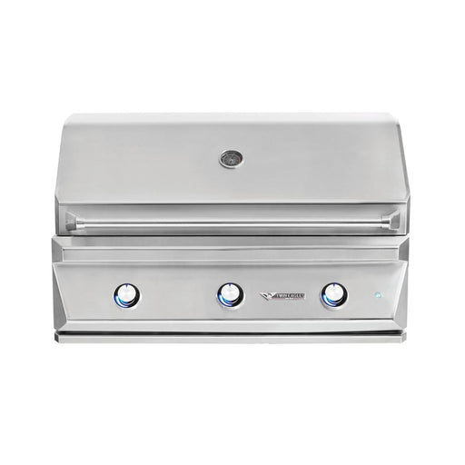 Stono Outdoor Living The Twin Eagles 42-Inch 3-Burner Built-In Propane Gas Grill (TEBQ42G-CL) features stainless steel burners, a closed lid, built-in thermometer, and three blue-lit control knobs—highlighting Twin Eagles quality—shown on a white background.