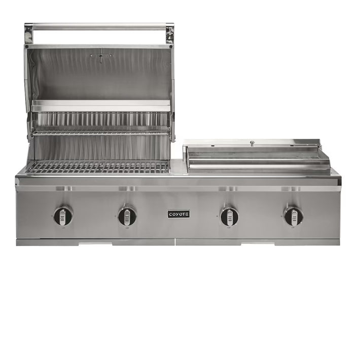 Stono Outdoor Living The Coyote 50" Combo Grill (C3CO50NG) is a built-in natural gas grill with four control knobs, a left open grilling section, a right closed compartment, and stainless steel construction. The Coyote brand name appears on the front.