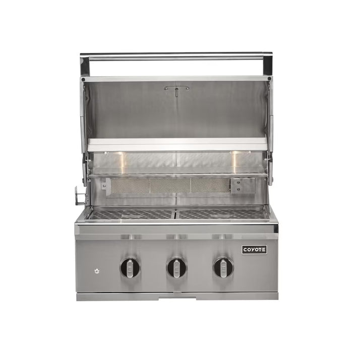 Stono Outdoor Living The Coyote 30" SL-Series Grill (C3SL30NG) is a stainless steel built-in natural gas grill with LED lights, ceramics, three control knobs, the Coyote logo, and an open lid showing the grilling surface—ideal for outdoor kitchens and safe grilling.