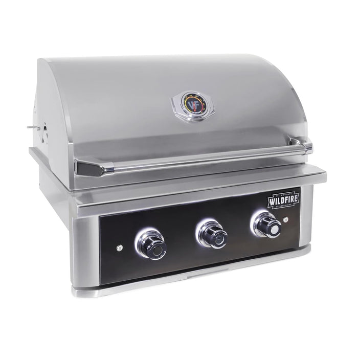 Stono Outdoor Living The Wildfire Ranch Pro 30" Gas Grill 304 Black SS by Wildfire Outdoor Living features a closed lid, three knobs, built-in temperature gauge, and runs on natural gas—ideal for any outdoor kitchen. Model: WFPRO30G-BSS-NG.