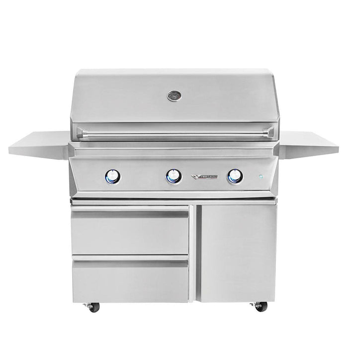 Stono Outdoor Living The Twin Eagles 30-Inch 2-Burner Built-In Natural Gas Grill (TEBQ30G-CN) features stainless steel burners, three control knobs, side shelves, a lid thermometer, storage cabinets below, and wheels for added convenience.