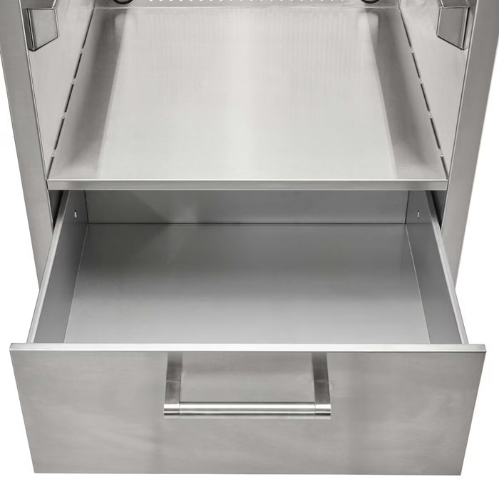 Stono Outdoor Living A close-up of an open stainless steel drawer beneath a flat metal shelf, both part of the Coyote Asado Smoker Insert Sleeve (C3SLV)—a sleek, modern storage unit ideal for organizing cooking grids or the insert sleeve.