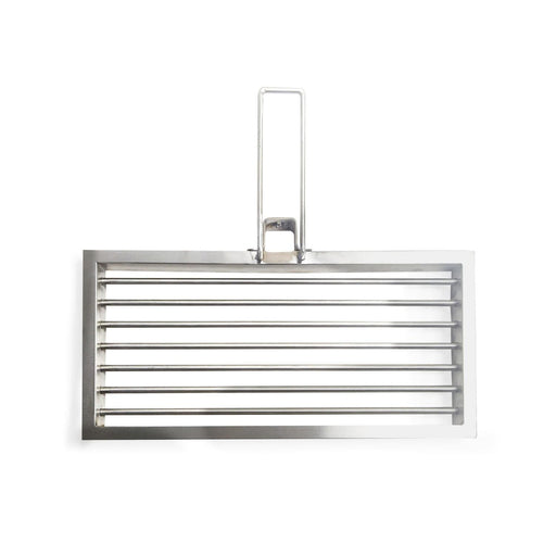 Stono Outdoor Living The Tagwood BBQ Height Adjustable Secondary Grate for BBQ09SS and BBQ96SS grills features horizontal slats, a central vertical handle, and a rectangular 304 stainless steel design—perfect for upgrading your cooking surface. Shown on a white background.