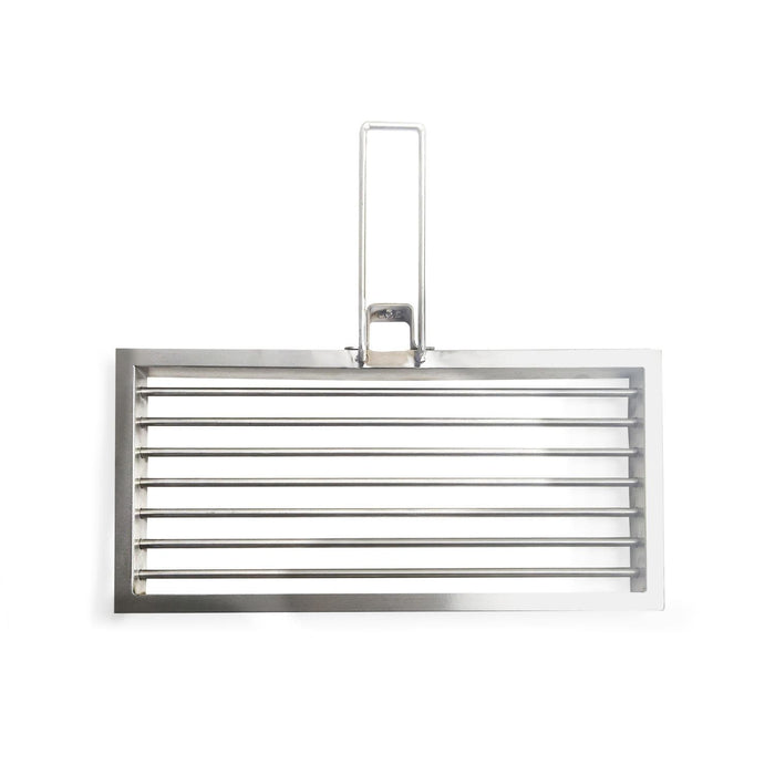 Stono Outdoor Living The Tagwood BBQ Height Adjustable Secondary Grate for BBQ09SS and BBQ96SS grills features horizontal slats, a central vertical handle, and a rectangular 304 stainless steel design—perfect for upgrading your cooking surface. Shown on a white background.