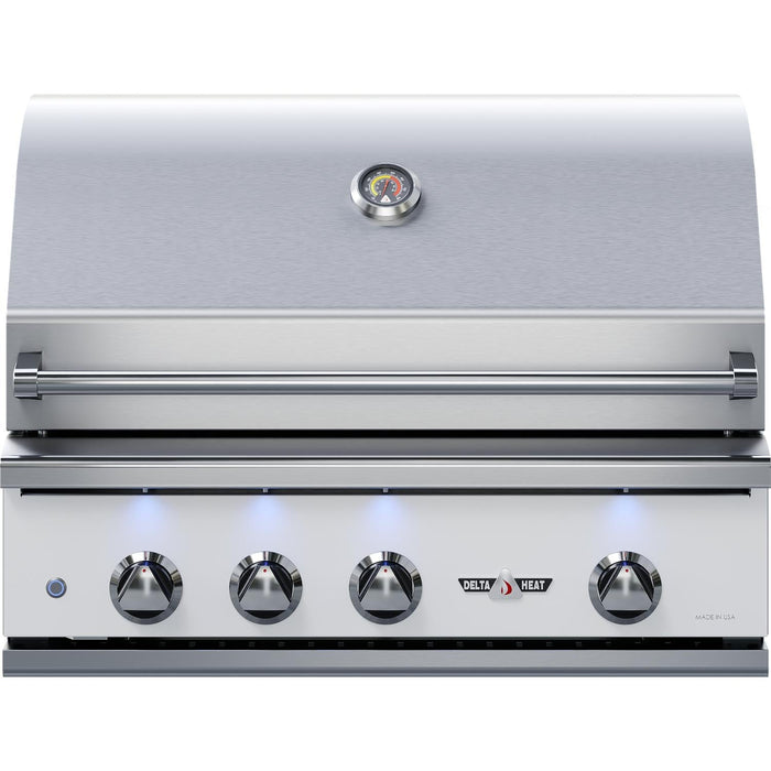 Stono Outdoor Living The Delta Heat 32-Inch 3-Burner Built-In Propane Grill (DHBQ32RS-WL) features a closed lid, sear zone, temperature gauge, five blue LED-lit control knobs, rotisserie, and the Delta Heat logo on the white front panel.