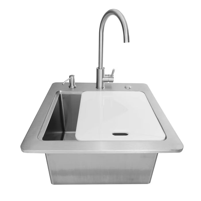 Stono Outdoor Living The Coyote 21" Sink & Faucet (C3SINKF21) includes a stainless steel drop-in basin, gooseneck faucet, drain, soap dispenser, and a white cutting board cover, shown isolated on a white background.