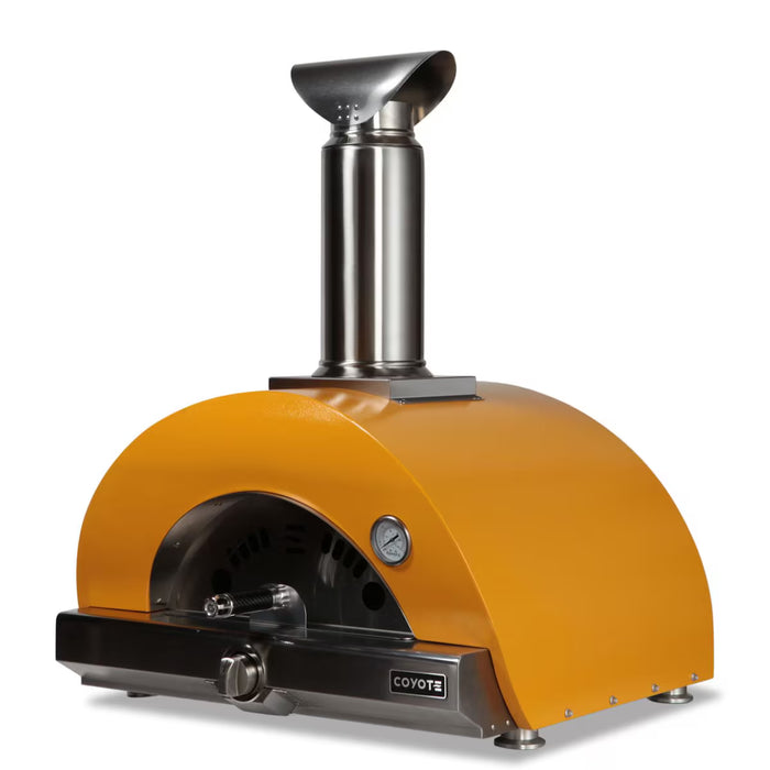 Stono Outdoor Living The Coyote 30" Hybrid Multi-Fuel Outdoor Oven in Yellow (C1PZ30HYLP) features a stainless steel chimney and built-in thermometer—ideal for wood-fired flavor in your outdoor kitchen.