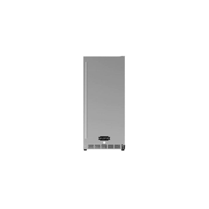 Stono Outdoor Living A stainless steel, single-door Wildfire Outdoor Living 15” Outdoor Fridge (WFR15) with a minimalist design, styled like a 15-inch refrigerator, shown front-facing against a plain white background.