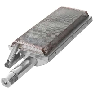 Stono Outdoor Living The Blaze Grills Infrared Searing Burner (BLZ-IRN) by Blaze is a rectangular metal burner with a mesh top, two angled inlet pipes, and a cylindrical end, designed to sear steaks or fit Blaze and Blaze LTE grills for commercial heating.