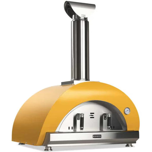 Stono Outdoor Living The Coyote 40" Duomo Wood Fired Outdoor Oven (C1PZ40WY) features a yellow curved ceramic dome, stainless steel front, tall chimney, temperature gauge, and short legs—perfect for modern outdoor cooking.