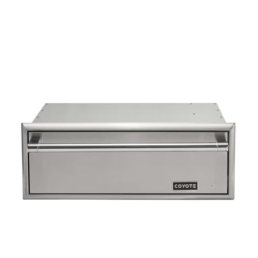 Stono Outdoor Living The Coyote Warming Drawer - C3-WD, featuring a handle, front-facing Coyote logo, and modern stainless steel design, is the perfect addition to outdoor kitchens and shown here against a white background.