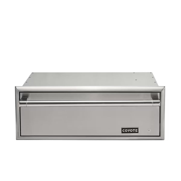 Stono Outdoor Living The Coyote Warming Drawer - C3-WD, featuring a handle, front-facing Coyote logo, and modern stainless steel design, is the perfect addition to outdoor kitchens and shown here against a white background.