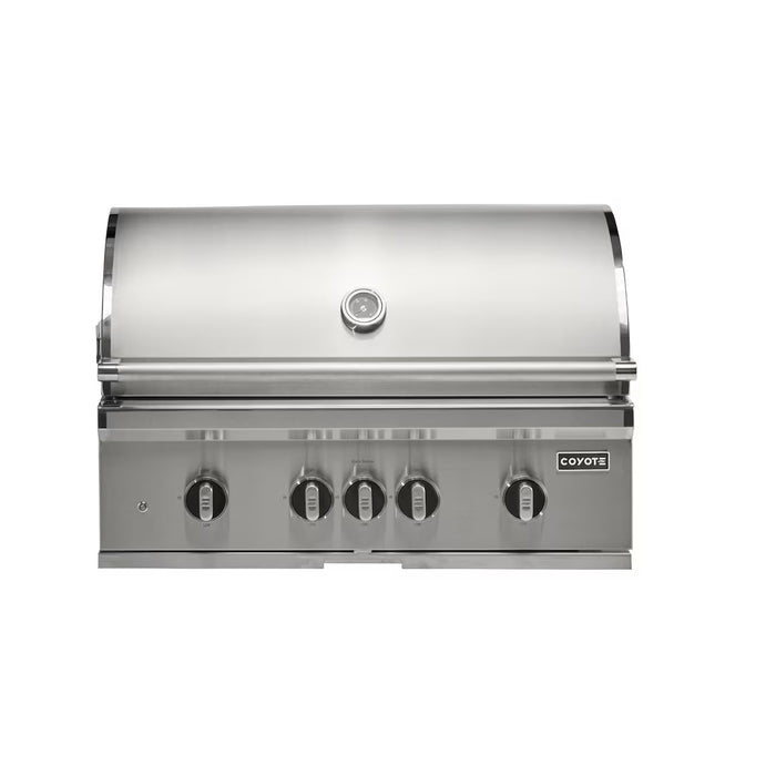 Stono Outdoor Living The Coyote 36" SL-Series Grill (C3SL36NG) is a premium built-in natural gas grill for outdoor kitchens, featuring four control knobs, LED lights, ceramic components, and a lid-mounted temperature gauge. The closed lid displays the Coyote brand logo.