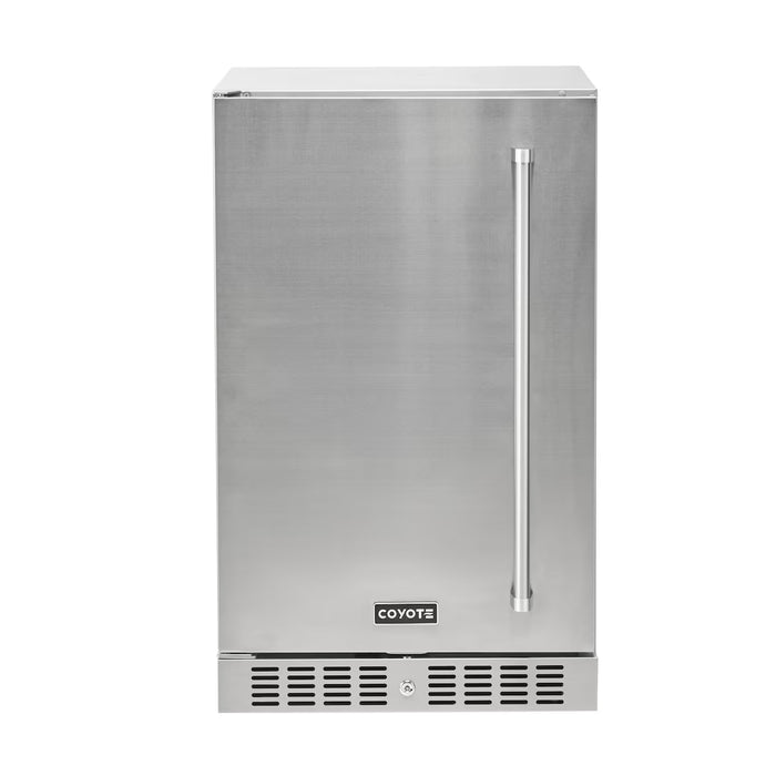 Stono Outdoor Living The Coyote 21" Outdoor Refrigerator Left Hinge (C121R-S-L) features a stainless steel, single-door design with vertical handle and bottom vented grille—ideal for any modern outdoor kitchen.