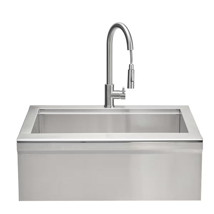 Stono Outdoor Living The Coyote 30" Farmhouse Sink & Faucet (C3FHSINK) features a stainless steel rectangular basin, flat rim, and high-arc pull-down faucet—ideal for outdoor kitchens. Shown on a white background.