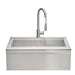 Stono Outdoor Living The Coyote 30" Farmhouse Sink & Faucet (C3FHSINK) features a stainless steel rectangular basin, flat rim, and high-arc pull-down faucet—ideal for outdoor kitchens. Shown on a white background.