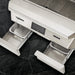 Stono Outdoor Living The Twin Eagles Wi-Fi Controlled 36-Inch Built-In Stainless Steel Pellet Grill and Smoker with Rotisserie (TEPG36R) features two open drawers with foil trays, a digital display, and control buttons set against a dark stone surface.