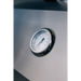 Stono Outdoor Living A close-up shows the round thermometer gauge on the sleek surface of the TrueFlame E Series 25" Stainless Steel 3-Burner Built-In Natural Gas Grill (TFE25), displaying readings in both Fahrenheit and Celsius, with a sharp dial and blurred background.