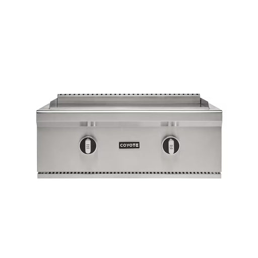 Stono Outdoor Living Front view of the Coyote 30" Flat Top Grill in Natural Gas (C3FTG30NG) with two control knobs and centered COYOTE logo, ideal for outdoor kitchens, shown against a white background.