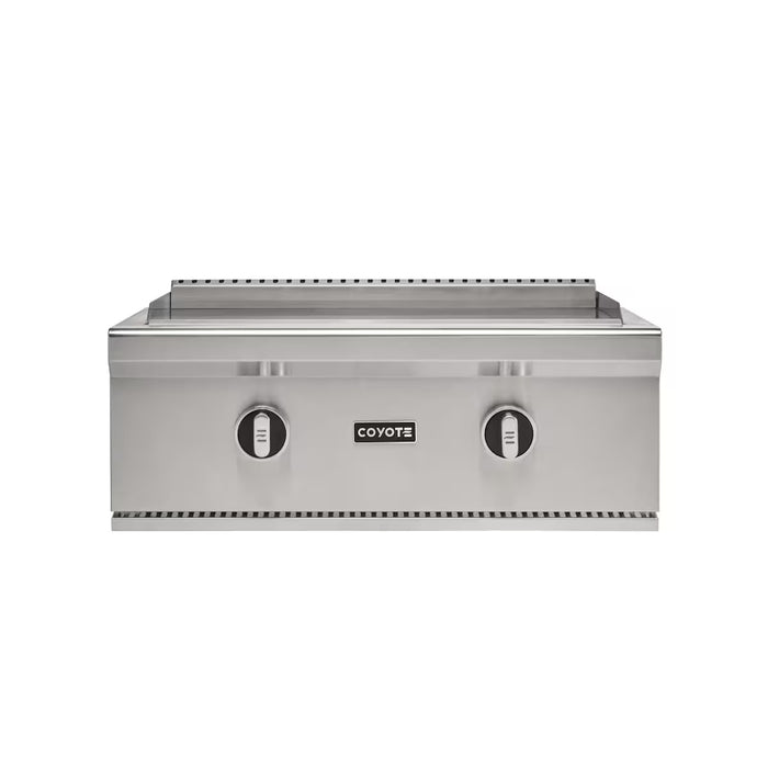 Stono Outdoor Living Front view of the Coyote 30" Flat Top Grill in Natural Gas (C3FTG30NG) with two control knobs and centered COYOTE logo, ideal for outdoor kitchens, shown against a white background.