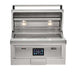 Stono Outdoor Living Front view of the Coyote 36" Pellet Grill - C2P36 with advanced digital controls, two interior lights, a partially open lid, stainless steel front featuring the Coyote brand, and grates for outdoor cooking.