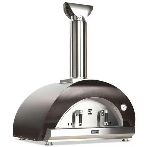 Stono Outdoor Living The Coyote 40" Duomo Wood Fired Outdoor Oven (C1PZ40WC) features a curved ceramic dome, tall chimney, dual front doors, and temperature gauge in copper finish, shown on a white background.