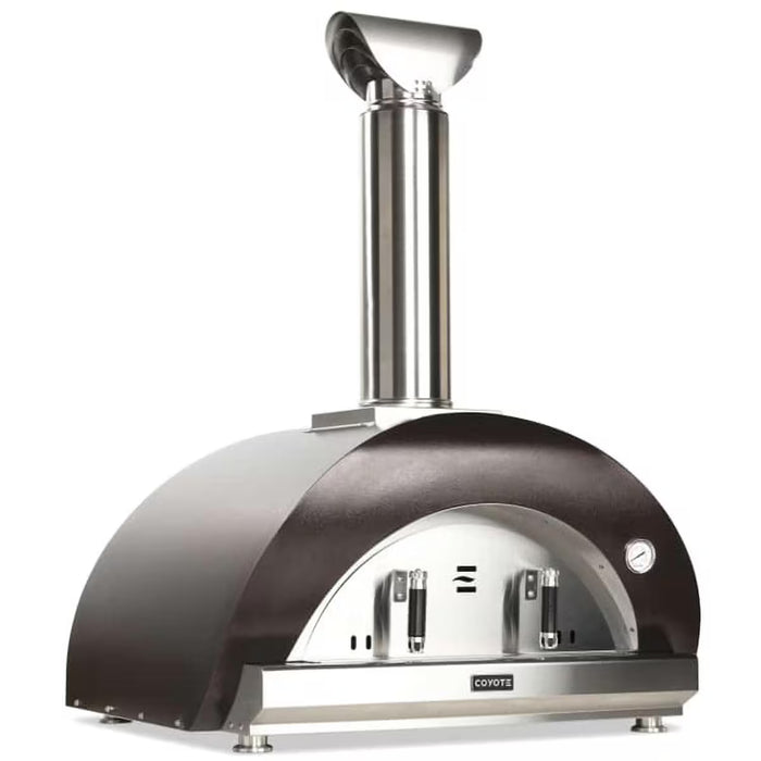 Stono Outdoor Living The Coyote 40" Duomo Wood Fired Outdoor Oven (C1PZ40WC) features a curved ceramic dome, tall chimney, dual front doors, and temperature gauge in copper finish, shown on a white background.