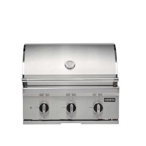 Stono Outdoor Living The Coyote 30" C-Series Grill (C3C30NG) is a stainless steel, natural gas outdoor grill with three control knobs and a built-in lid temperature gauge. The Coyote brand name appears on the front right side—ideal for any outdoor kitchen.
