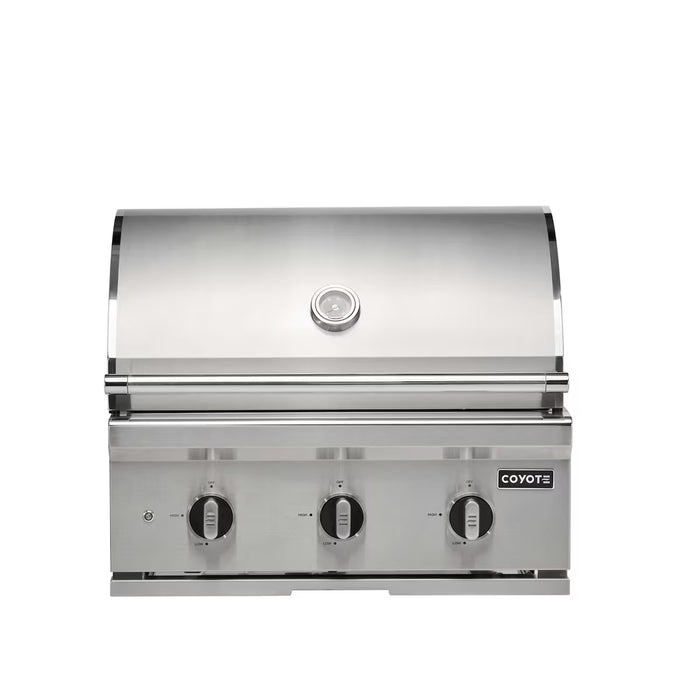 Stono Outdoor Living The Coyote 30" C-Series Grill (C3C30NG) is a stainless steel, natural gas outdoor grill with three control knobs and a built-in lid temperature gauge. The Coyote brand name appears on the front right side—ideal for any outdoor kitchen.