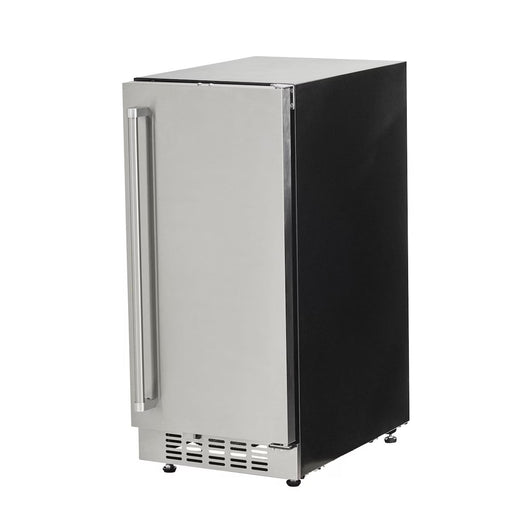 Stono Outdoor Living The Coyote 15" Outdoor Refrigerator Reversible Hinge (C115R-S) features a compact stainless steel design with black side panels and sturdy feet, perfect for any outdoor kitchen.