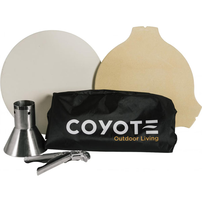 Stono Outdoor Living The Coyote Asado Smoker Accessory Bundle (ASADO-ACC) by Coyote features a carrying bag, metal pizza peel, metal cone, and two pizza stones—one round and one with a handle edge—for versatile outdoor grilling.