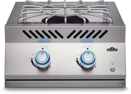 Stono Outdoor Living The Napoleon Built-In 700 Series Propane Gas Power Burner (BIB18PBNSS) by Napoleon features stainless steel construction, two control knobs, ventilation slots, front indicator lights, a raised grate, and delivers up to 60,000 BTU for powerful cooking.