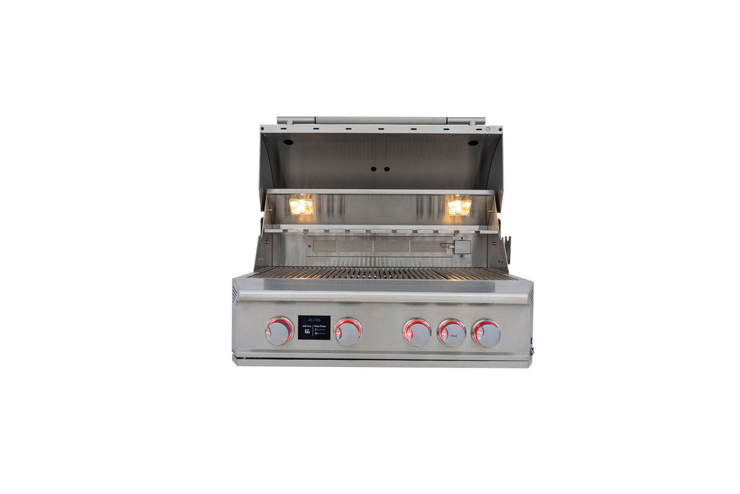 Stono Outdoor Living The Blaze LTE PRO 32-Inch 4-Burner Built-in Natural Gas Grill (BLZ-4LTEPRO-NG) by Blaze features stainless steel construction, a digital temperature screen, rear infrared burner, built-in lights, and four control knobs for high-performance grilling.