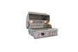 Stono Outdoor Living The Blaze LTE PRO 32-Inch 4-Burner Built-in Natural Gas Grill by Blaze features a stainless steel body, four red control knobs, a digital temperature screen, rear infrared burner, and built-in lights on a plain white background.