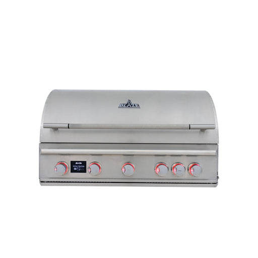 Stono Outdoor Living The Blaze LTE PRO 40-inch 5-burner built-in natural gas grill features stainless steel burners, red-accented knobs, a rear infrared burner, digital temperature screen, and Blaze logo on the lid. Model: BLZ-5LTEPRO-NG.
