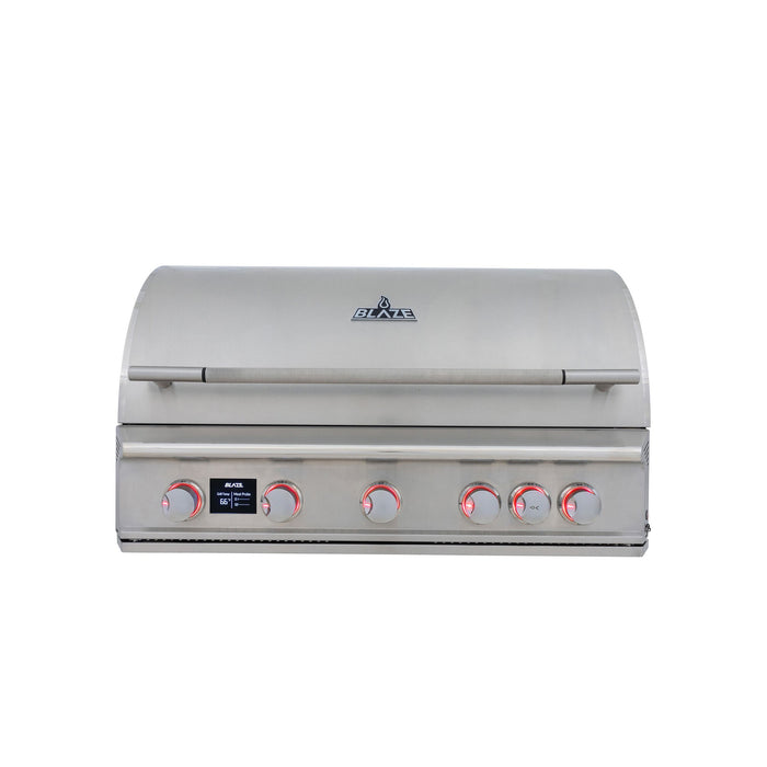 Stono Outdoor Living The Blaze LTE PRO 40-inch 5-burner built-in natural gas grill features stainless steel burners, red-accented knobs, a rear infrared burner, digital temperature screen, and Blaze logo on the lid. Model: BLZ-5LTEPRO-NG.
