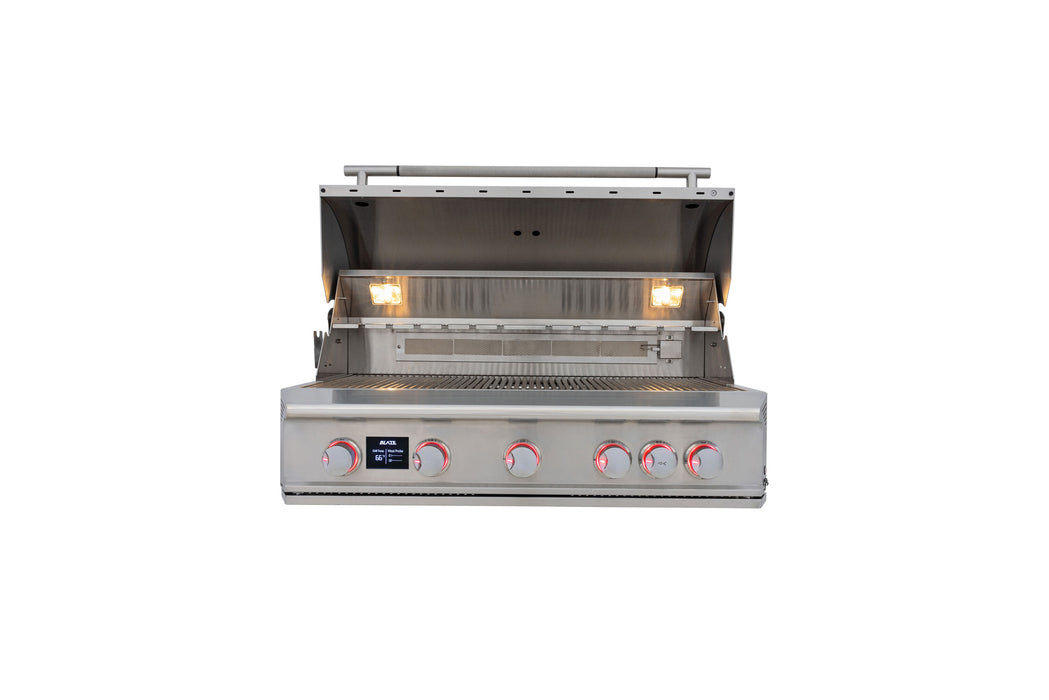 Stono Outdoor Living The Blaze LTE PRO 40-Inch 5-Burner Built-in Natural Gas Grill (BLZ-5LTEPRO-NG) features stainless steel burners, an open lid, grill grates, rear infrared burner, two lights, five control knobs, and a digital temperature screen.